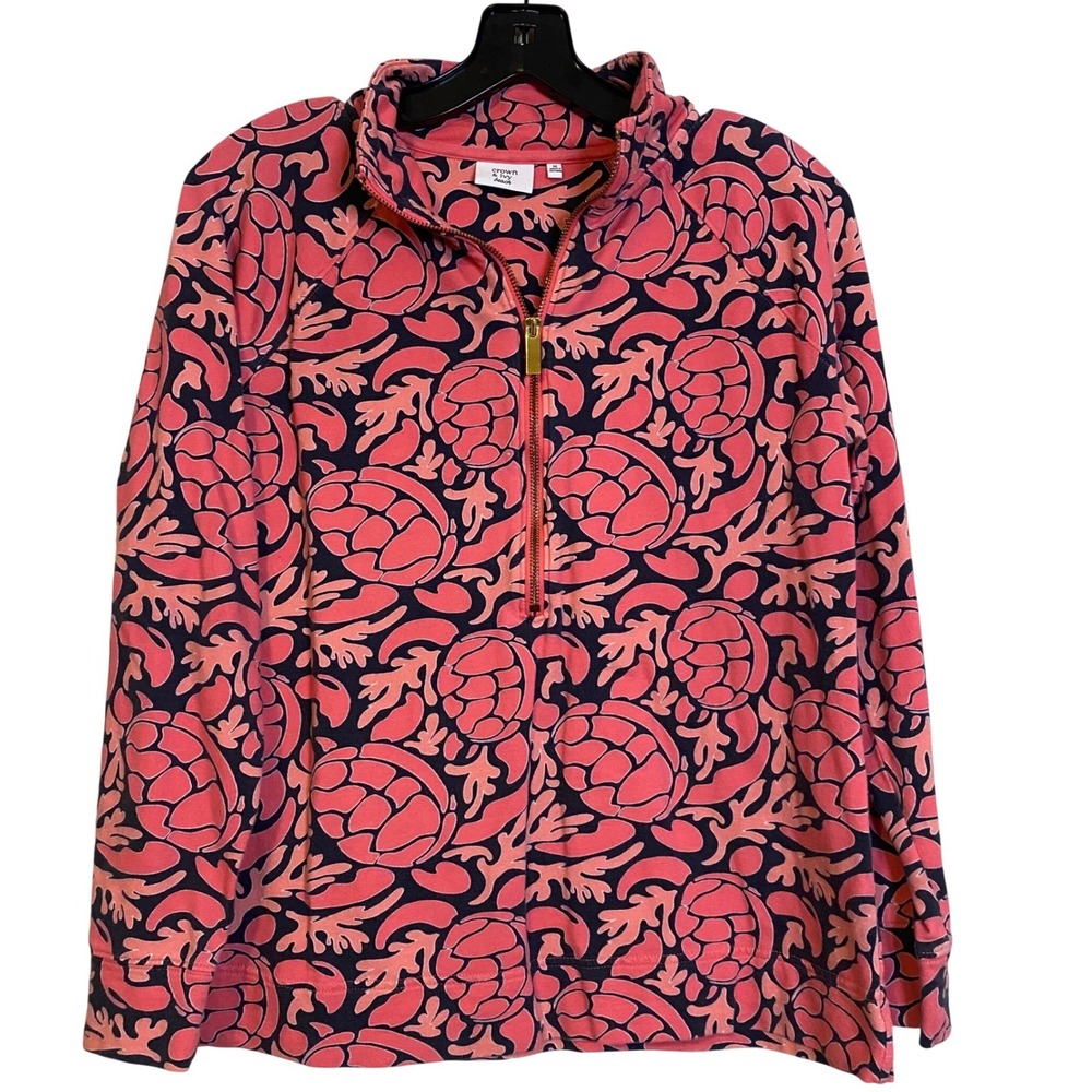 Crown & Ivy Beach Half Zip Pullover Coral Navy Turtle Print Size Medium